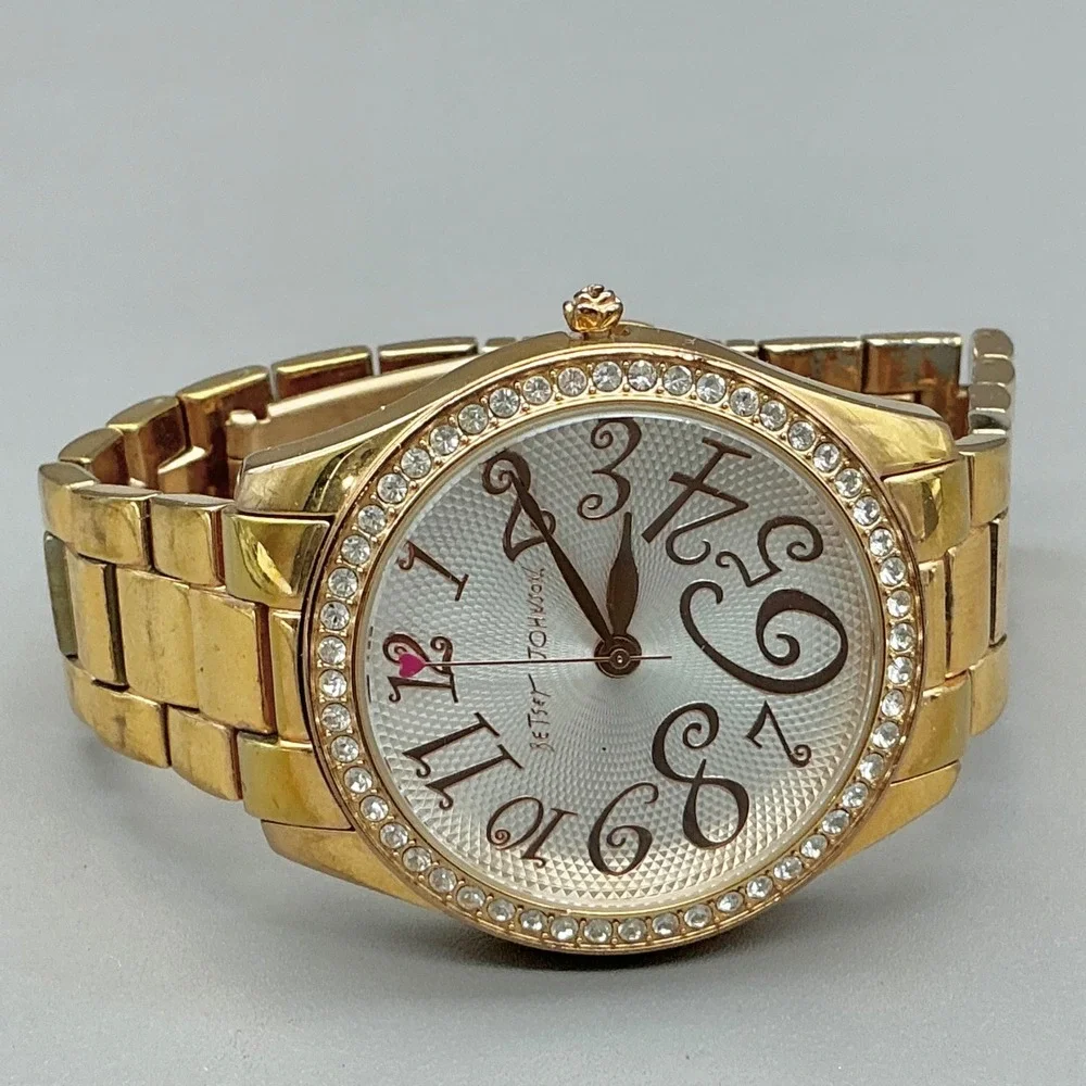 Betsey Johnson Watch Gold Tone Crystal Rhinestone Bezel 40mm NEW BATTERY